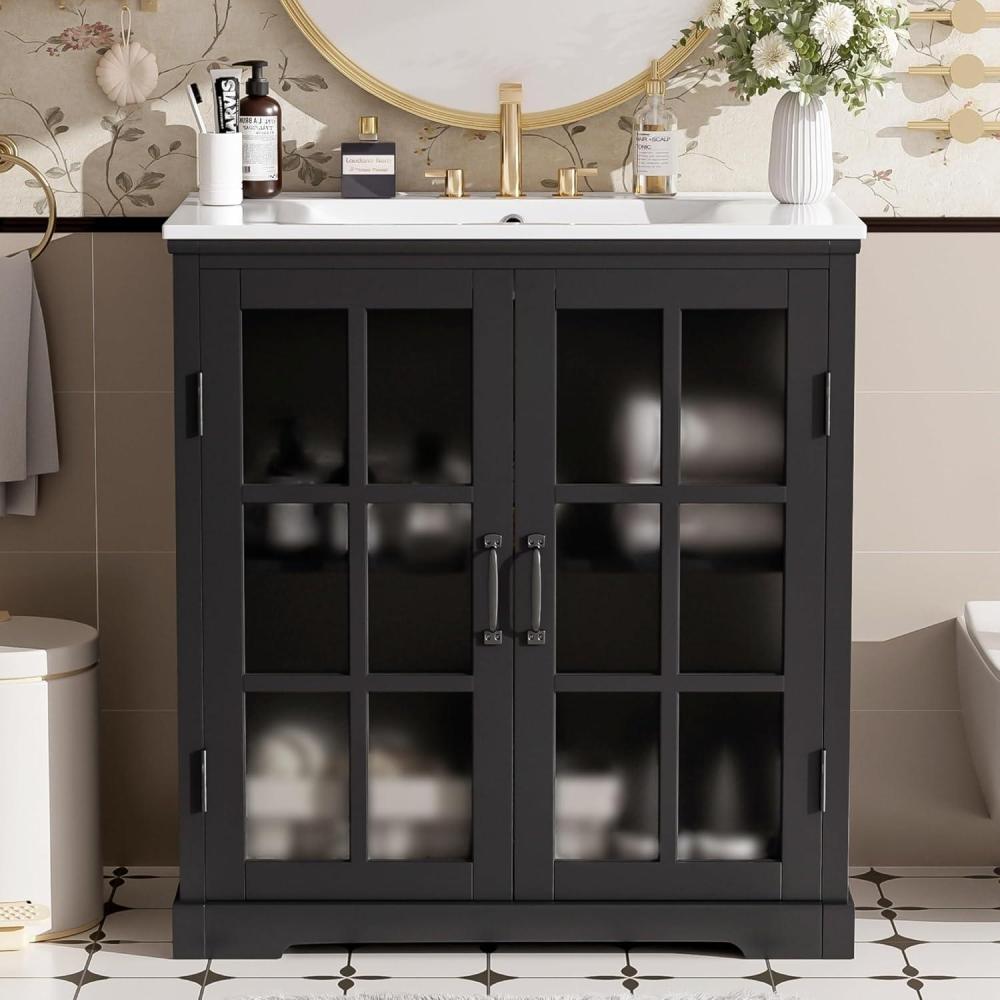 imageChristopher Knight Home Annis 30quot Bathroom Vanity with Ceramic Sink Bathroom Storage Cabinet Wooden Bathroom Vanity Organizer Pedestal Sink Storage Cabinet Adjustable ShelvesGlass Door WhiteMatte Black
