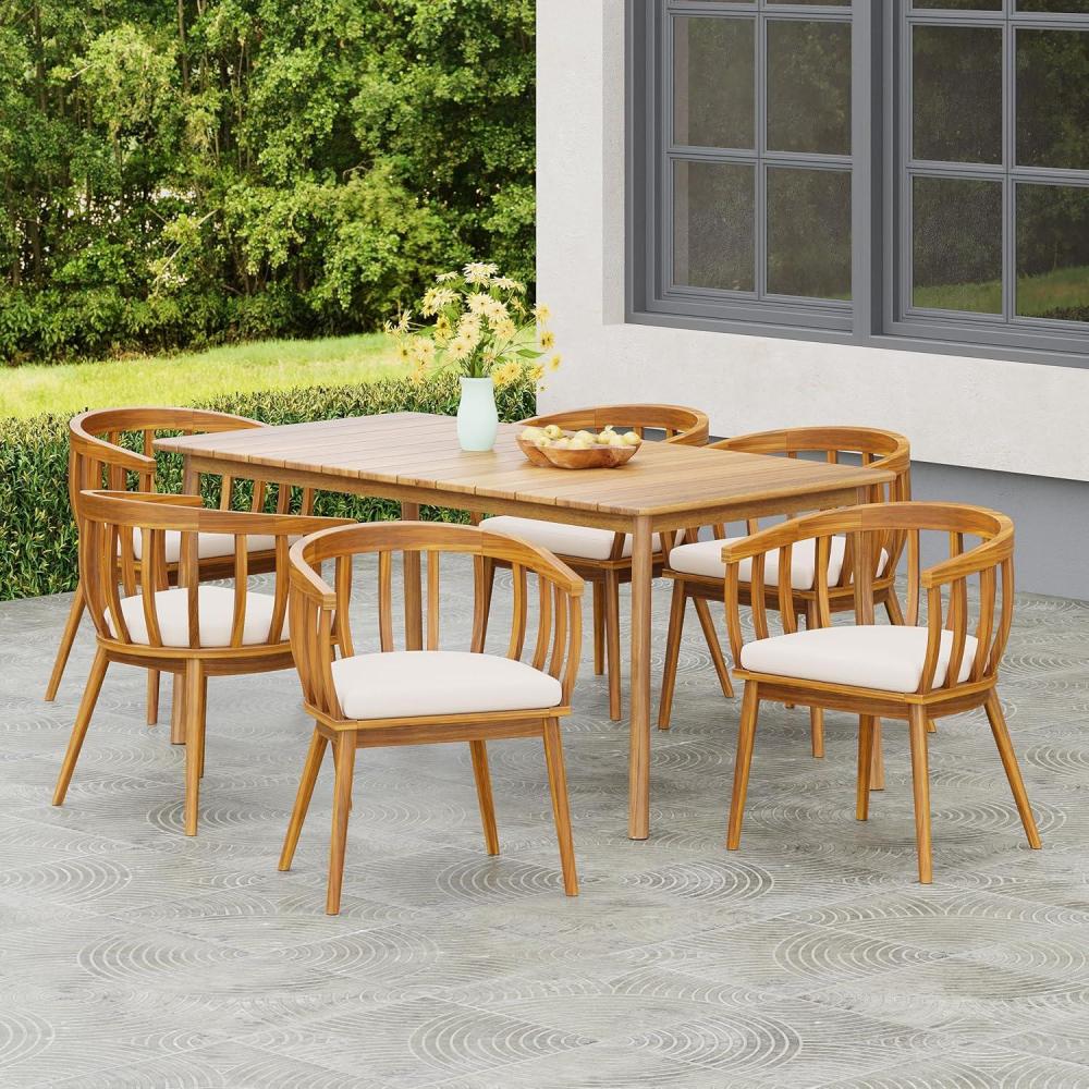 imageChristopher Knight Home Belas Acacia Wood 7 Piece Outdoor Dining Set Patio Dining Table Set for 6 Rectangular Dining Table and Chair Set with Cushion for GardenPoolside Family Gathering TeakBeige
