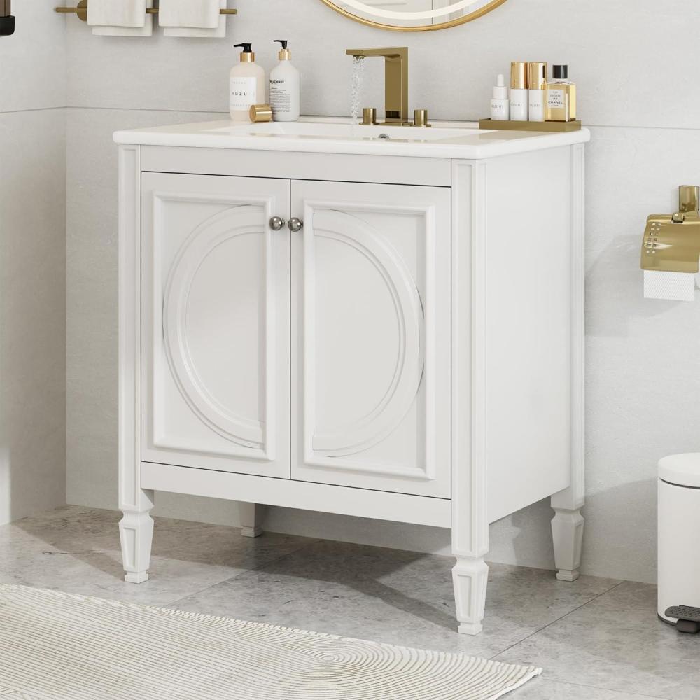 imageChristopher Knight Home Benton 30quot Bathroom Vanity with Ceramic Sink Wood Frame Adjustable Shelves Soft Close Door Hinges Storage Cabinet with 2Tier Door Organizer 1 Drawer GreenWhite
