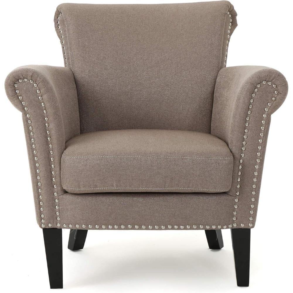 imageChristopher Knight Home Brice Vintage Scroll Arm Studded Fabric Club Chair Navy Blue Dark Brown 31D x 295W x 315H inLight Coffee Dark Brown