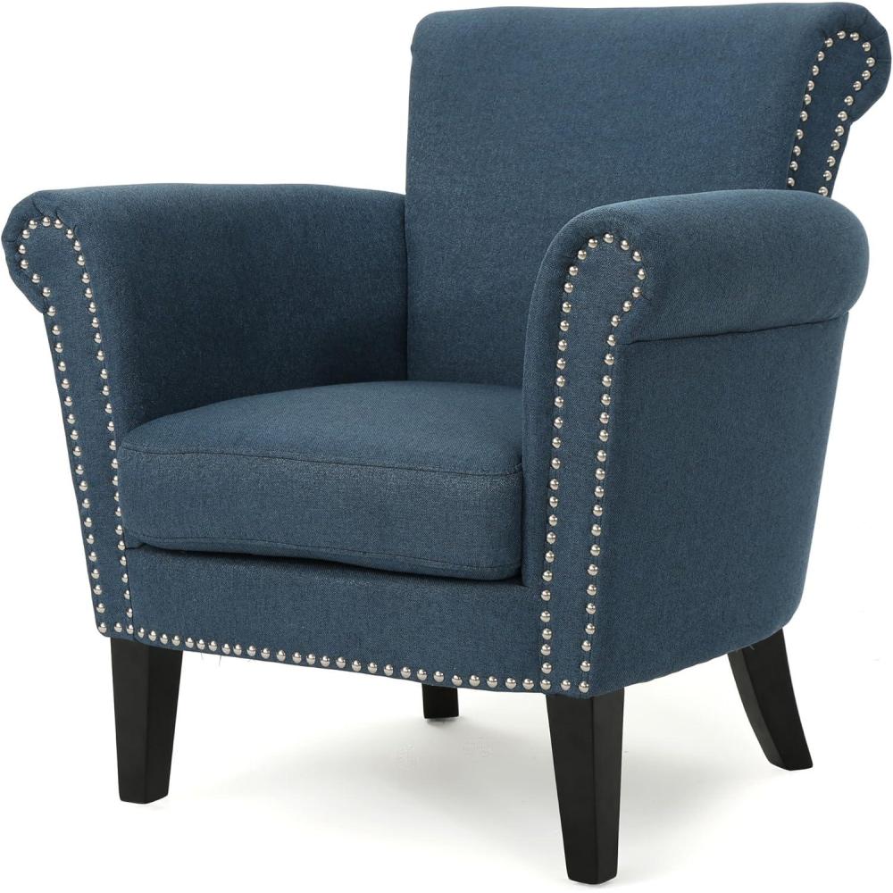 imageChristopher Knight Home Brice Vintage Scroll Arm Studded Fabric Club Chair Navy Blue Dark Brown 31D x 295W x 315H inNavy Blue Dark Brown