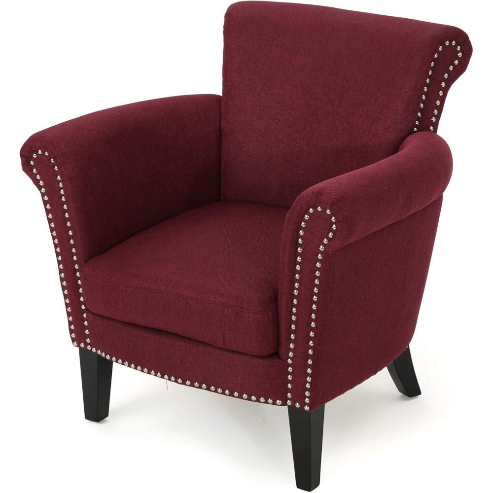 imageChristopher Knight Home Brice Vintage Scroll Arm Studded Fabric Club Chair Navy Blue  Dark Brown 31D x 295W x 315H inWine  Dark Brown