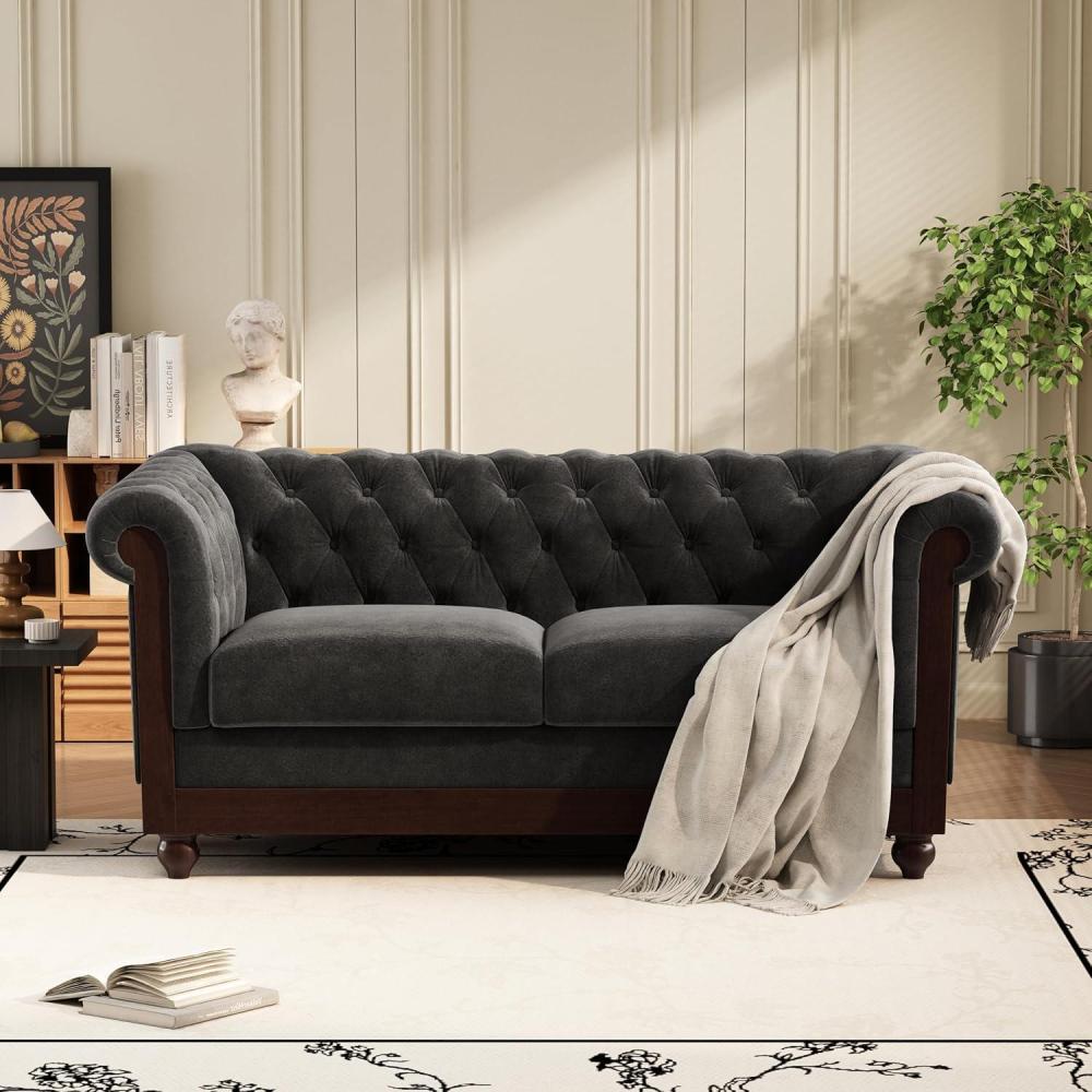 imageChristopher Knight Home Chesterfield Velvet Loveseat 2Seater Rolled Arm Upholstered Sofa Couch Tufted Button Backrest and Birch Wood Leg Living Room Bedroom Home Office Dark Gray EspressoDark Gray Espresso