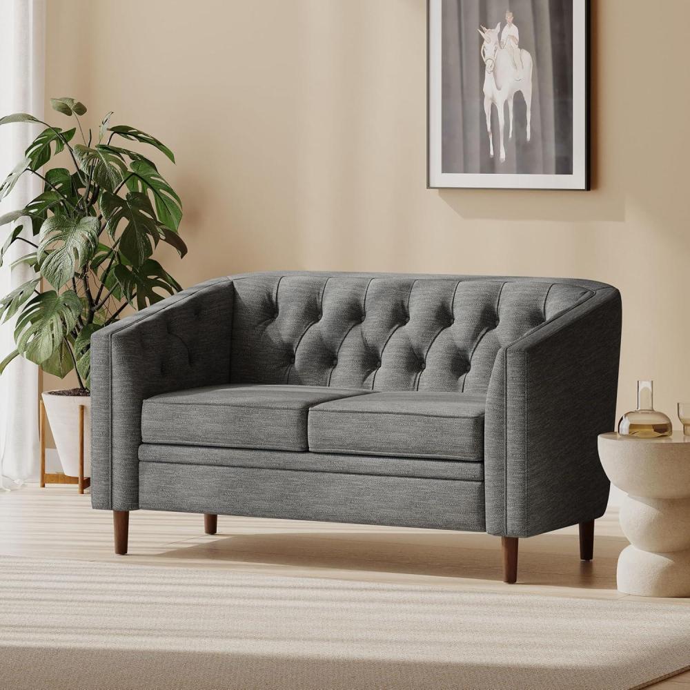 imageChristopher Knight Home Contemporary Tufted and Diamond Stitching Fabric LoveseatTubDesign 2Seater Sofa Removable Cushions Birch Wood Legs Square Arms Beige and EspressoGrey