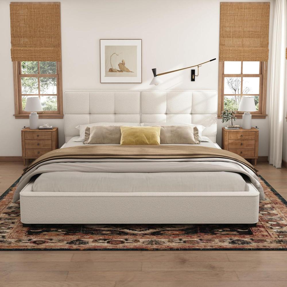 imageChristopher Knight Home Cordo King Size Bed Velvet Upholstered Platform Bed Wooden Slats Panel Support Tufted Square Corners Haedboard No Box Spring Needed Easy Assembly Oliver GreenBeige