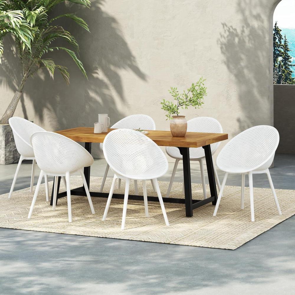 imageChristopher Knight Home Denlt 7 Pieces Outdoor Dining Set 7075quot Patio Table and Chairs Set for 6 People Plastic Chairs and Acacia Wood Dining Set for Lawn Backyard Garden Deck BlackTeakWhiteteak