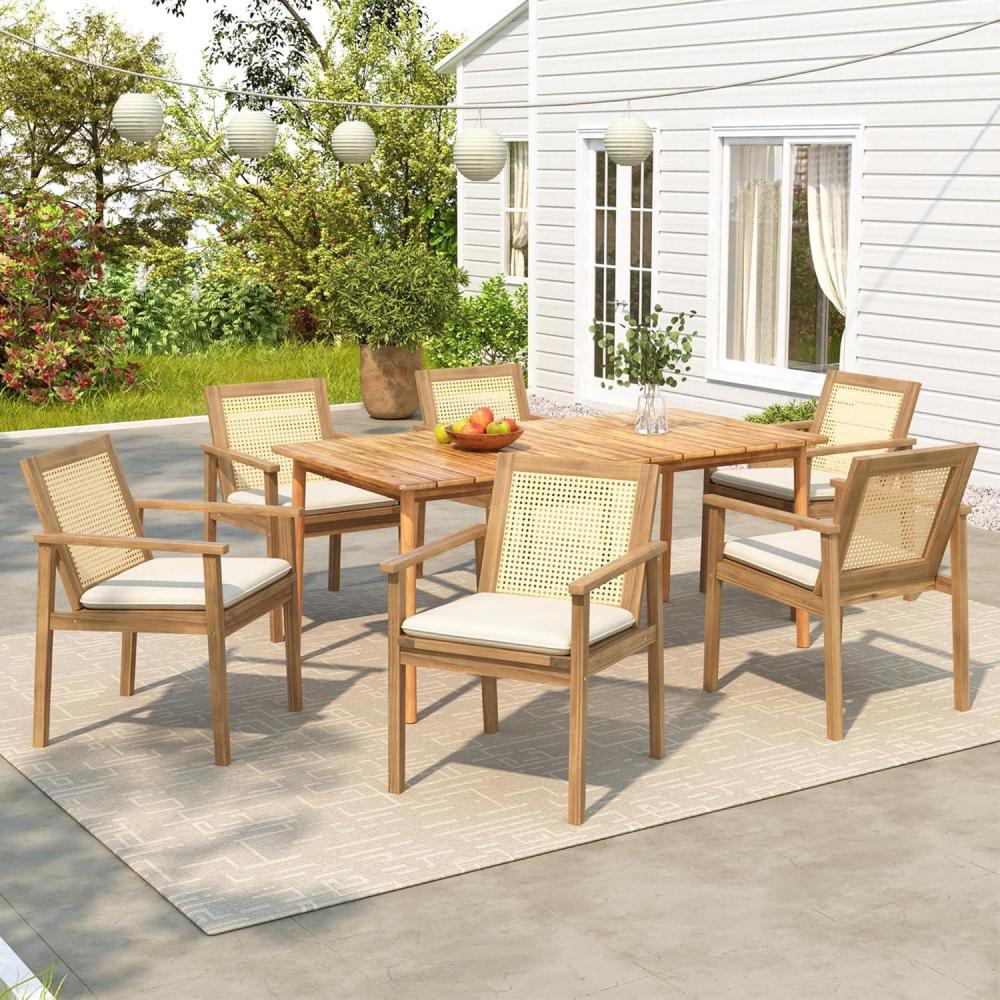 imageChristopher Knight Home Dessa Outdoor 7 Pieces Dining Set Woven Wicker Dining Chairs of 6 Acacia Wood Slats Panel Table Spacious Seating Wooden Armchairs and Table Set for Yard Garden TeakBeige