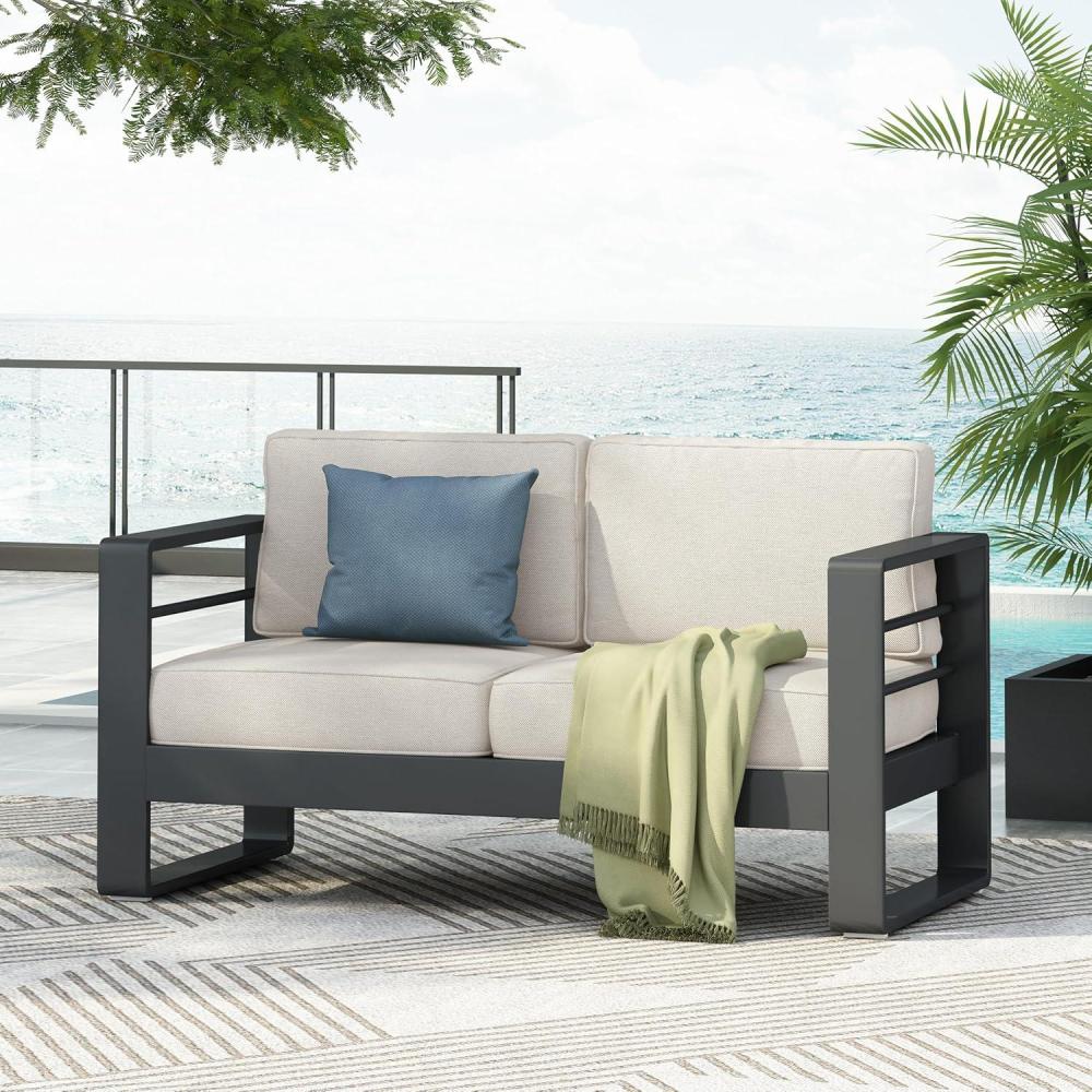 imageChristopher Knight Home Dessa Patio Loveseat Aluminum Couch 2 Seater Sofa Stable Aluminum Frame Armchair Spacious Seating Outdoor Loveseat with Cushions for Backyard Garden Balcony BlackBeige