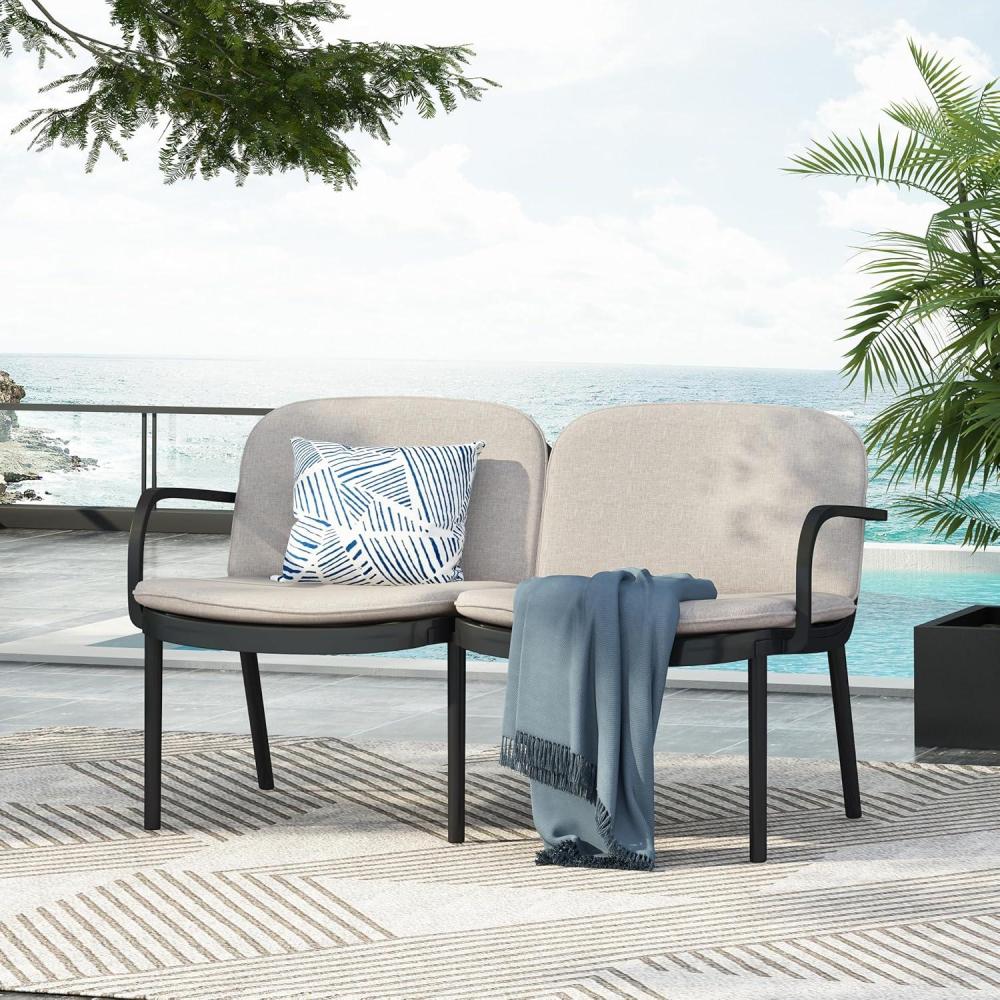 imageChristopher Knight Home Dessa Patio Plastic Loveseat Lightweight Couch 2 Seat Sofa Open Slats Panel Armchair Comfort Outdoor Loveseat with Cushions for Backyard Garden Balcony 550lbs BlackBeigeBlackbeige