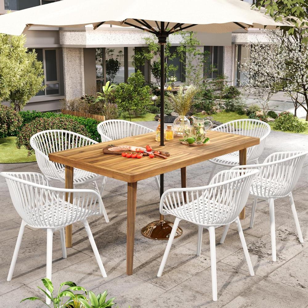 imageChristopher Knight Home Echoa 7Piece Patio Dining Table Sets with Umbrella Hole 63 Table and Chairs Set for 6 People Acacia Wood Table Plastic Chairs for Lawn Backyard Garden Deck BlackTeakWhiteteak