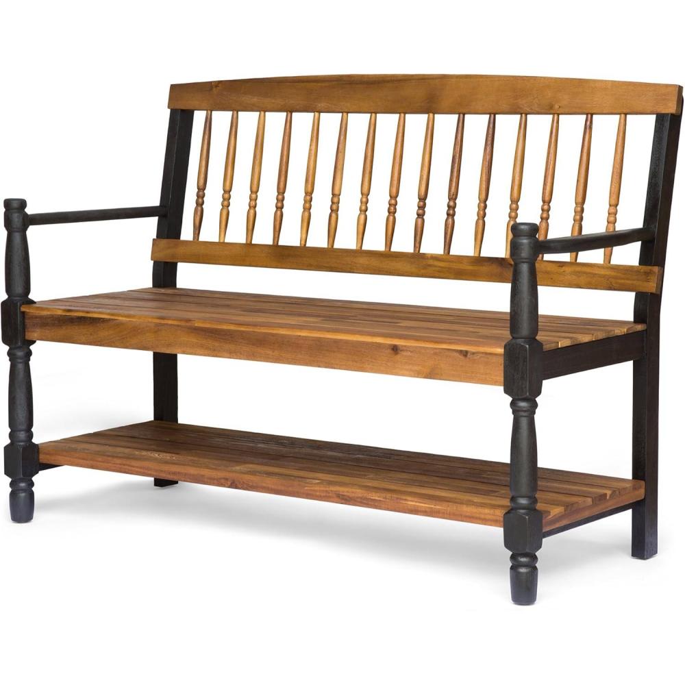 imageChristopher Knight Home Eddie Indoor Farmhouse Acacia Wood Bench with Shelf Teak and Black Finish