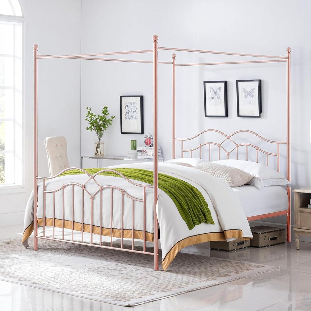 imageChristopher Knight Home Eileen Metal Canopy Bed Frame Queen Size with HeadboardFootboard 4 Poster Platform Queen Bed Frame with Classic Knob Posts Iron Slat Support No Box Spring Needed PinkPink