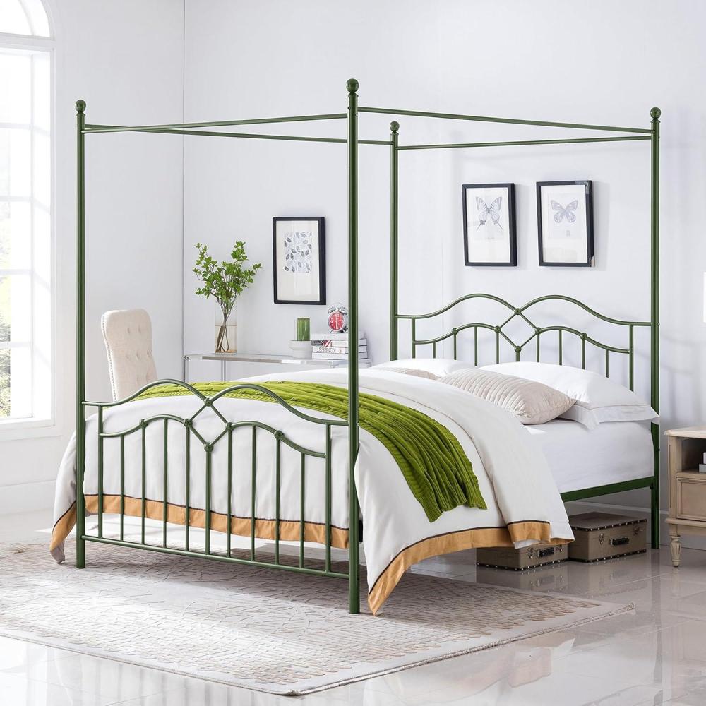 imageChristopher Knight Home Eileen Metal Canopy Bed Frame Queen Size with HeadboardFootboard 4 Poster Platform Queen Bed Frame with Classic Knob Posts Iron Slat Support No Box Spring Needed PinkGreen