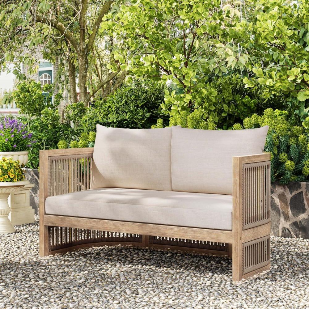 imageChristopher Knight Home Faine Acacia Wood Outdoor Loveseat Sofa Patio Loveseat Furniture Set for 2 Seaters Tub Design Patio Outdoor Sofa Couch with Woven Rope and Removable Cushion Light TeakBeige