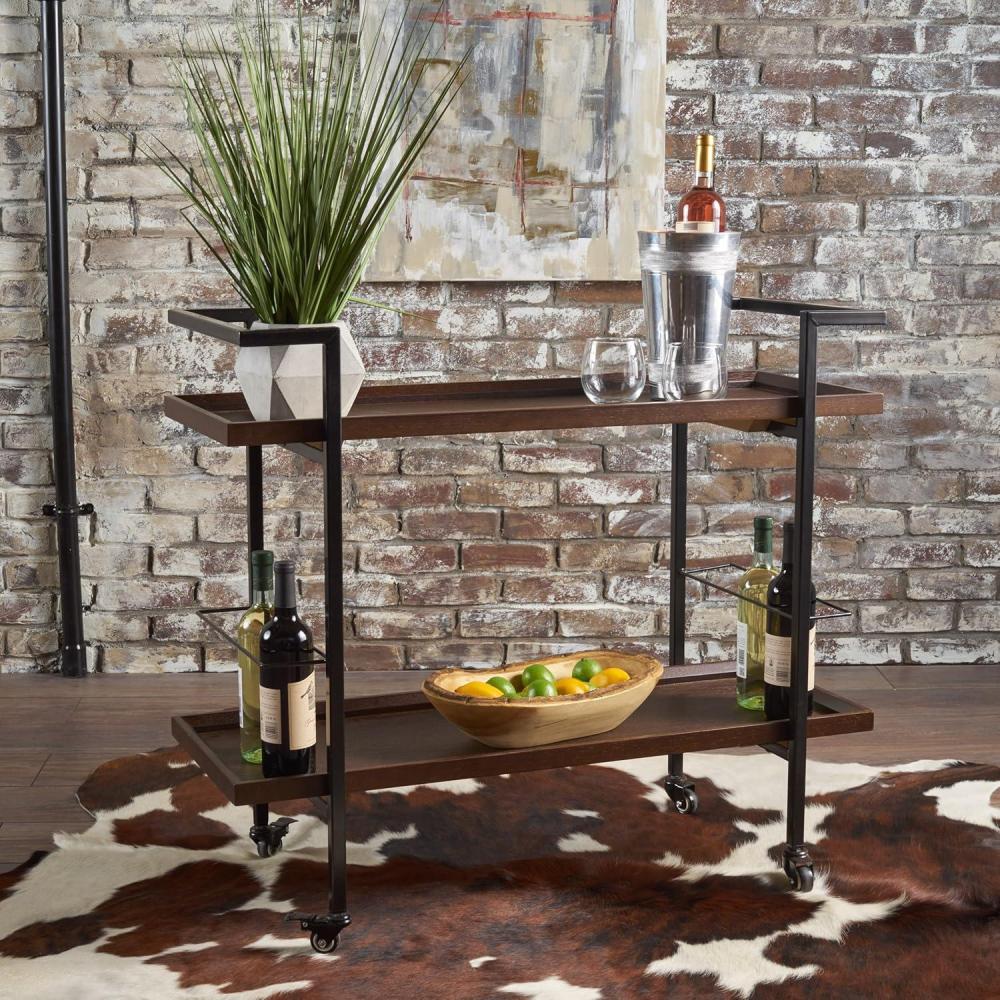 imageChristopher Knight Home Gerard Industrial Wooden Bar Cart Dark Walnut Finish Black