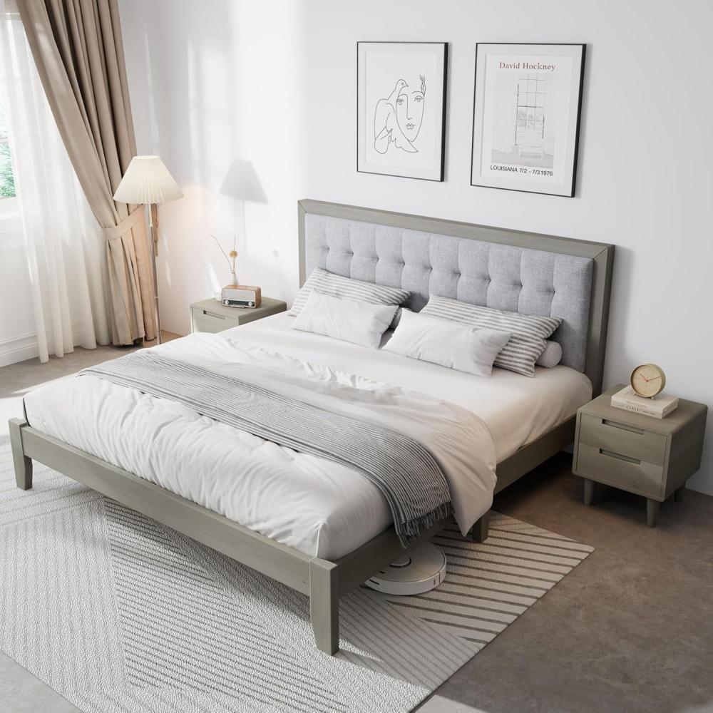 imageChristopher Knight Home Gray Platform Bed Solid Wood Bed Frame with Tufted Square Headboard Upholstered Design Headboard Wood Bed Support and Slat Mid Century Modern Design Bed Set Cal King SizeQueen