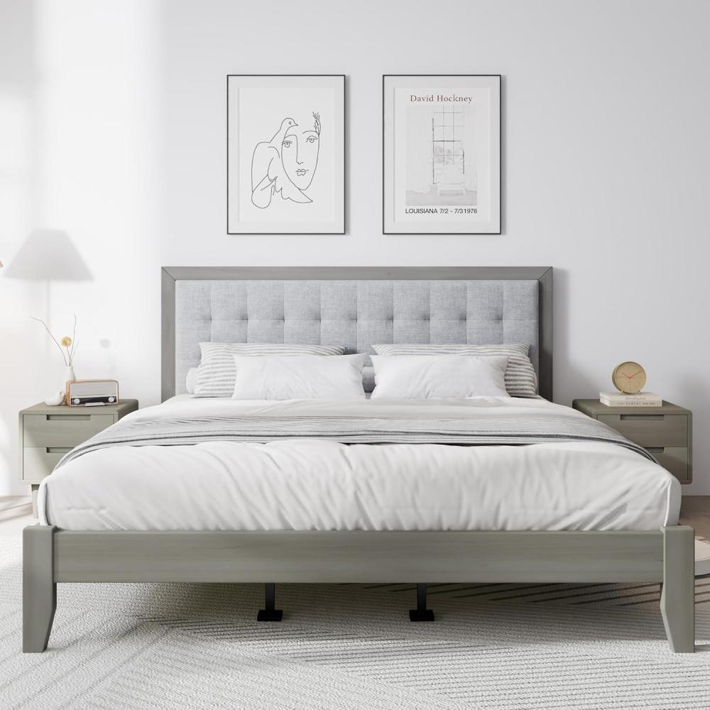 imageChristopher Knight Home Gray Platform Bed Solid Wood Bed Frame with Tufted Square Headboard Upholstered Design Headboard Wood Bed Support and Slat Mid Century Modern Design Bed Set Cal King SizeCalifornia King