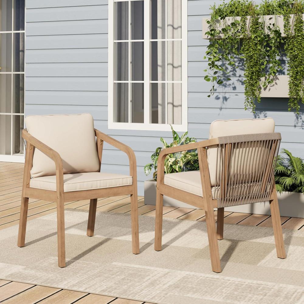 imageChristopher Knight Home Hawes Acacia Wood Outdoor Dining Chair Set of 2 with Cushion Wooden Patio Dining Armchair Set with Rope Woven Backrest Patio Furniture Set for Outdoor DinnerLight TeakCream