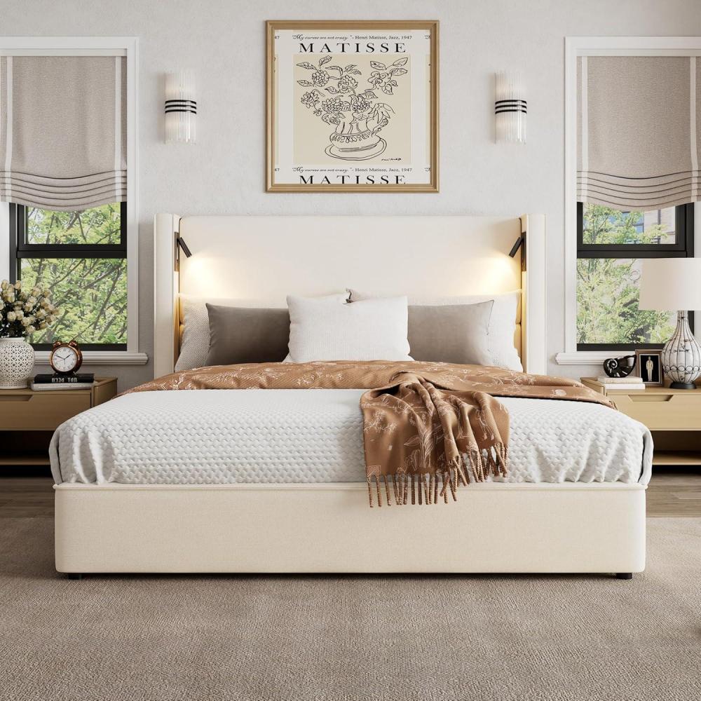 imageChristopher Knight Home Hazel 4920quot H King Headboard Bed Upholstered King Size Bed Slats Panel Support Platform No Spring Box Needed Wingback Headboard with Reading Lamps and USB BeigeQueen