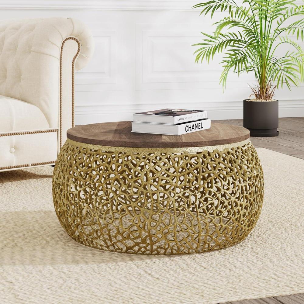 imageChristopher Knight Home Helast Aluminium Coffee Table with Round Mango Wooden Top 275 W Modern Indoor Accent Table for Living Room Bedroom Home Office Abstract Hollow Frame Gold