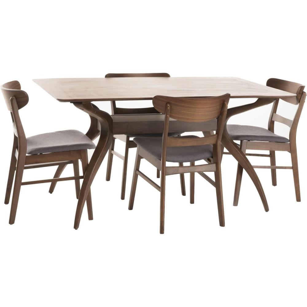 imageChristopher Knight Home Idalia Curved Leg Rectangular Dining Set 5Pcs Set Natural Walnut Light BeigeDark Grey