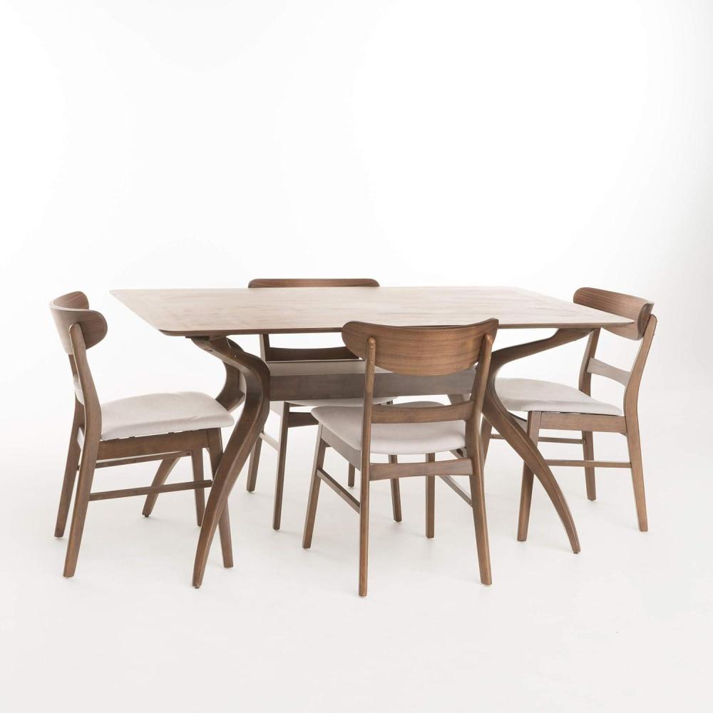 imageChristopher Knight Home Idalia Curved Leg Rectangular Dining Set 5Pcs Set Natural Walnut Light BeigeLight Beige