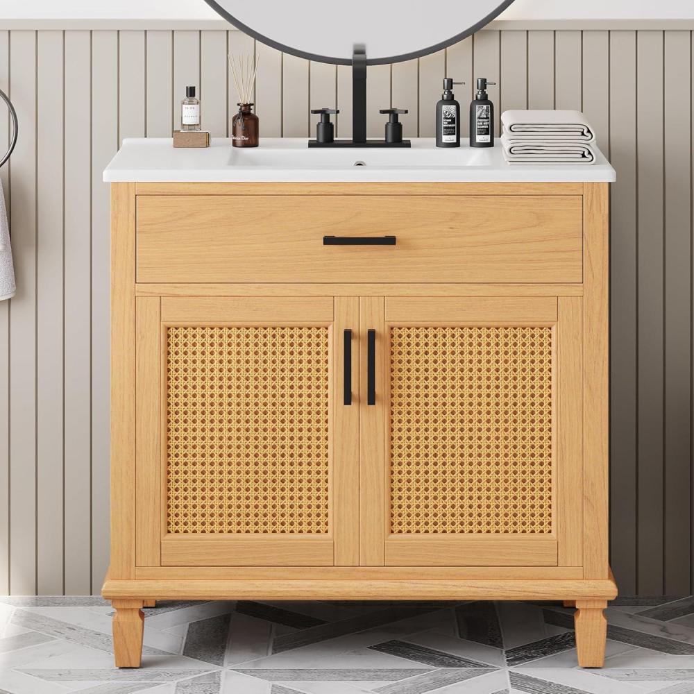 imageChristopher Knight Home Jones 36quot Bathroom Vanity with Ceramic Sink Freestanding Bathroom Storage Cabinet Wooden Bathroom Vanity Organizer Pedestal Sink Storage CabinetDrawerRattan Door NaturalNatural