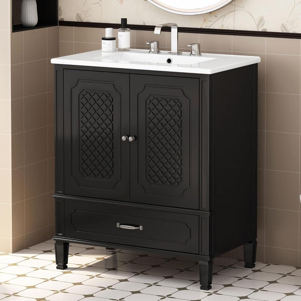 imageChristopher Knight Home Kayon 30quot Bathroom Vanity with Ceramic Sink Acacia Wood Frame Storage Cabinet with Door Organizers Adjustable Shelf and 1 Drawer SoftClosing Door Dark GreenBlack