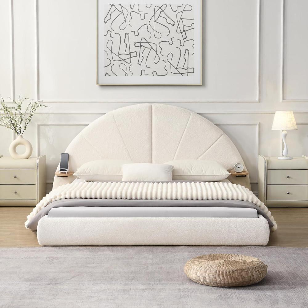 imageChristopher Knight Home Koma Queen Bed Frame Full Size Boucle Upholstered Bedframe with Headboard Unique Arch Shape Wooden Bed Base with Small Table Easy Assembly No Boxing Spring Needed Beige