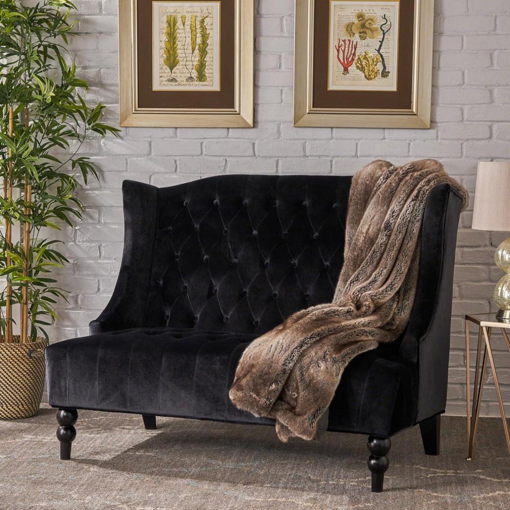 imageChristopher Knight Home Leora Modern Glam Tufted Velvet Wingback Loveseat Black Dark Brown