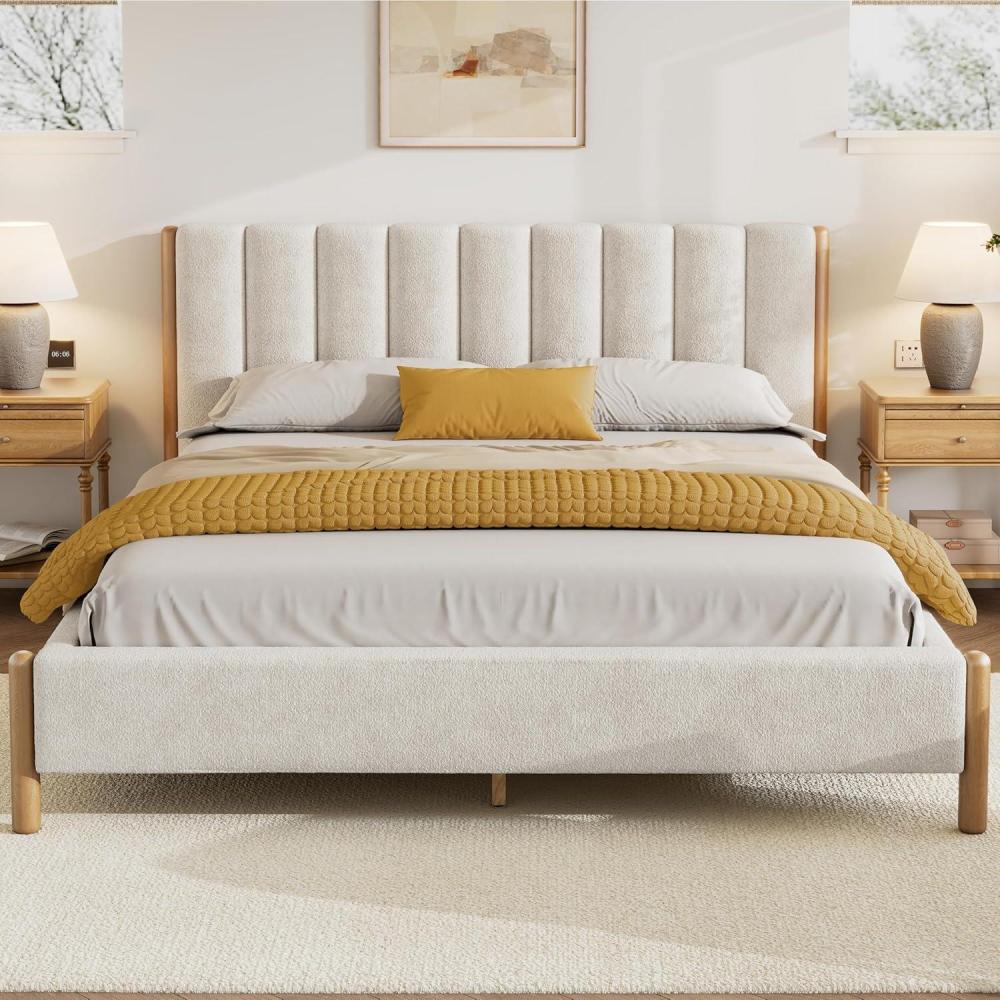 imageChristopher Knight Home Llanett King Size Bed Frame Boucle Fabric Upholstered Platform Bed with Vertical Stitching Headboard Wooden Support and Slats No Box Spring Needed Easy Assembly WhiteQueen