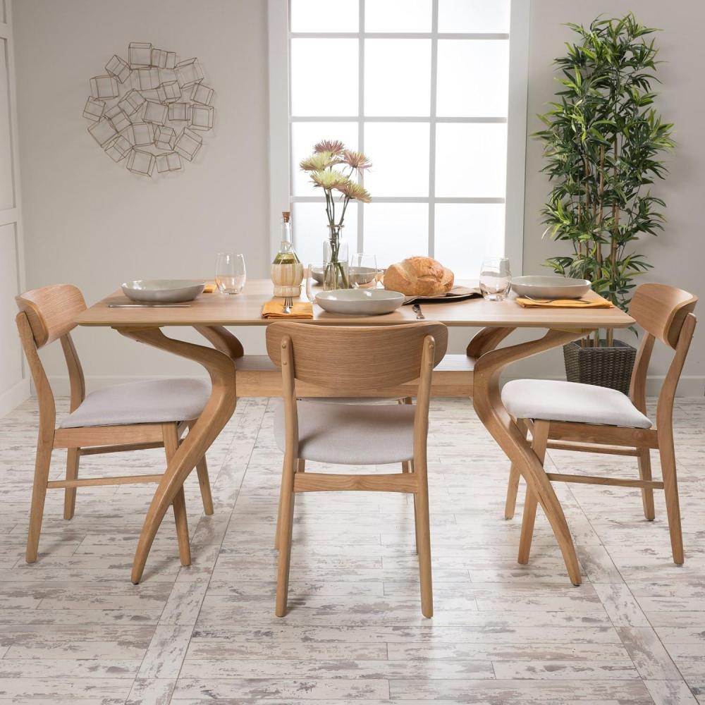 imageChristopher Knight Home Lucious Curved Leg Rectangular Dining Set 5Pcs Set Natural Oak  Light Beige