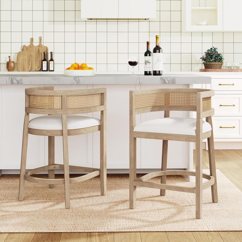 imageChristopher Knight Home Maida Wooden Counter Stool Set of 2 Kitchen Counter Height Bar Stool Cocktail Stool with Rattan Round Backrest Fabric Upholstered Chair for Bar Table BeigeNatural AshBeigenatural Ash