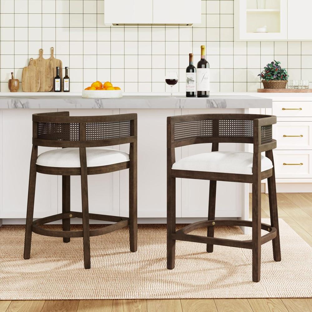 imageChristopher Knight Home Maida Wooden Counter Stool Set of 2 Kitchen Counter Height Bar Stool Cocktail Stool with Rattan Round Backrest Fabric Upholstered Chair for Bar Table BeigeNatural AshBeigewalnut