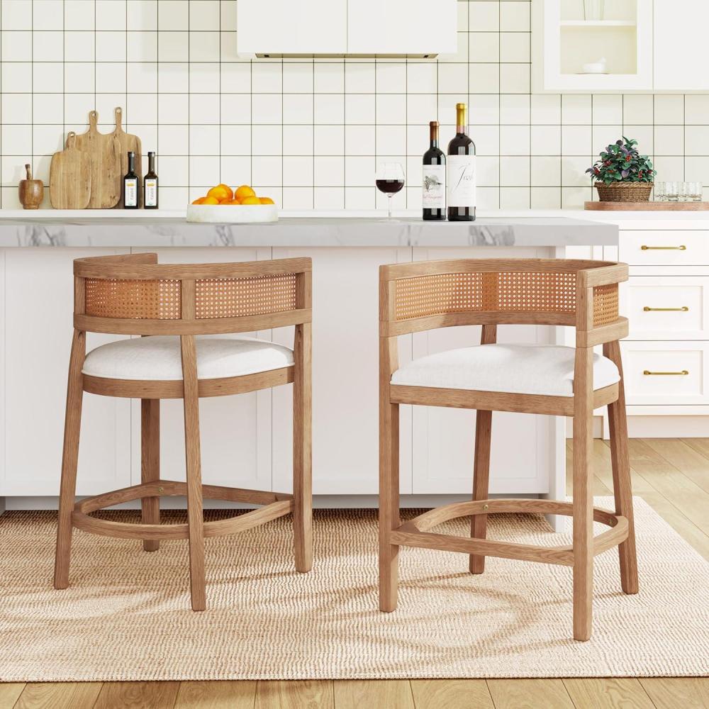 imageChristopher Knight Home Maida Wooden Counter Stool Set of 2 Kitchen Counter Height Bar Stool Cocktail Stool with Rattan Round Backrest Fabric Upholstered Chair for Bar Table BeigeNatural AshBeigenatural Oak
