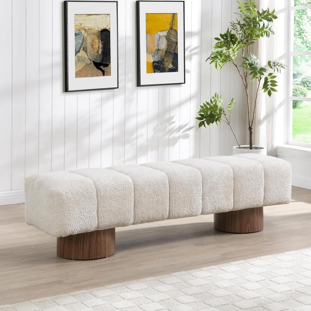 imageChristopher Knight Home Manila 64quot Boucle Dining Bench Upholstered Ottoman Bench Rectangular Dining Seat Spacious Seating Long Footstool for Living Room Dining Room No Assembly Needed BeigeBeige