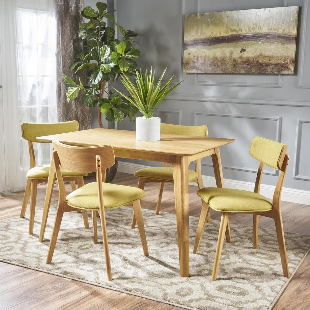 imageChristopher Knight Home Megann MidCentury Wood Dining Set with Fabric Chairs 5Pcs Set Natural Oak Green Tea