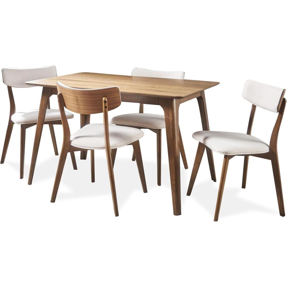 imageChristopher Knight Home Megann MidCentury Wood Dining Set with Fabric Chairs 5Pcs Set Natural Walnut  Light Beige