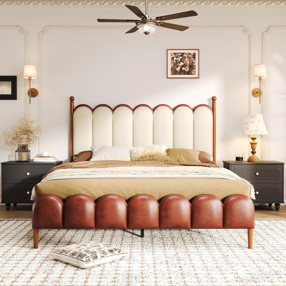 imageChristopher Knight Home Olimo Queen Size Platform Bed Faux Leather Headboard and Footboard Upholstered Back Stable Slats Frame Support No Spring Box Needed Easy Assembly 477quot H BrownBeigeBrownbeige
