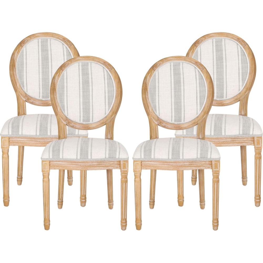 imageChristopher Knight Home Phinnaeus Polyester Beige Fabric Dining Chair Set of 2 2Pcs SetGray Stripes Light Beige Natural