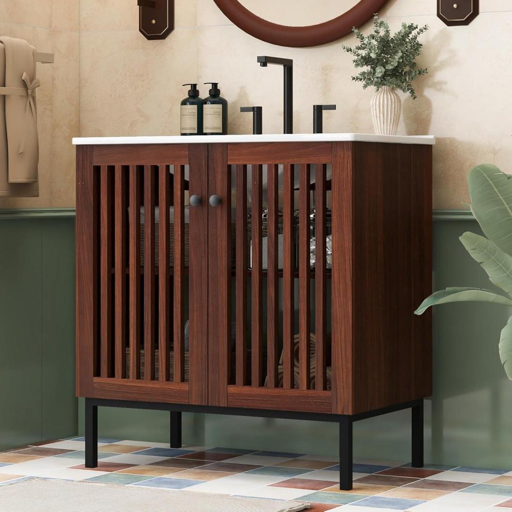 imageChristopher Knight Home Pitney 30quot Bathroom Vanity with Ceramic Sink Freestanding Bathroom Vanity Organzier Soft Close Door Wooden Storage Cabinet Pedestal Sink Storage Cabinet Antique BrownAntique Brown