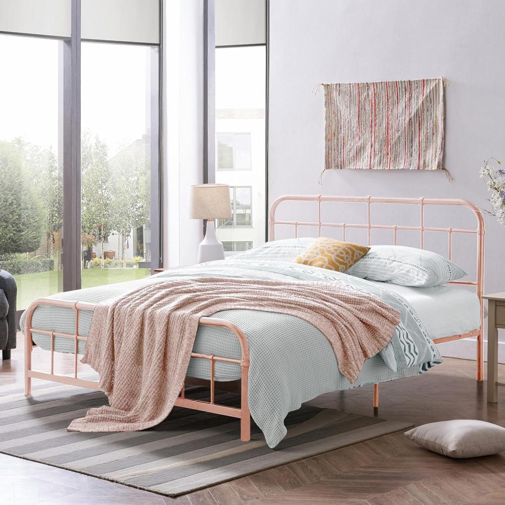 imageChristopher Knight Home Rando Metal Queen Bed Frame No Box Spring Needed Sturdy Platform Bed Frame Queen Size with Curved HeadboardFootboard Iron Bed Support and Slats Easy Assembly BluePink