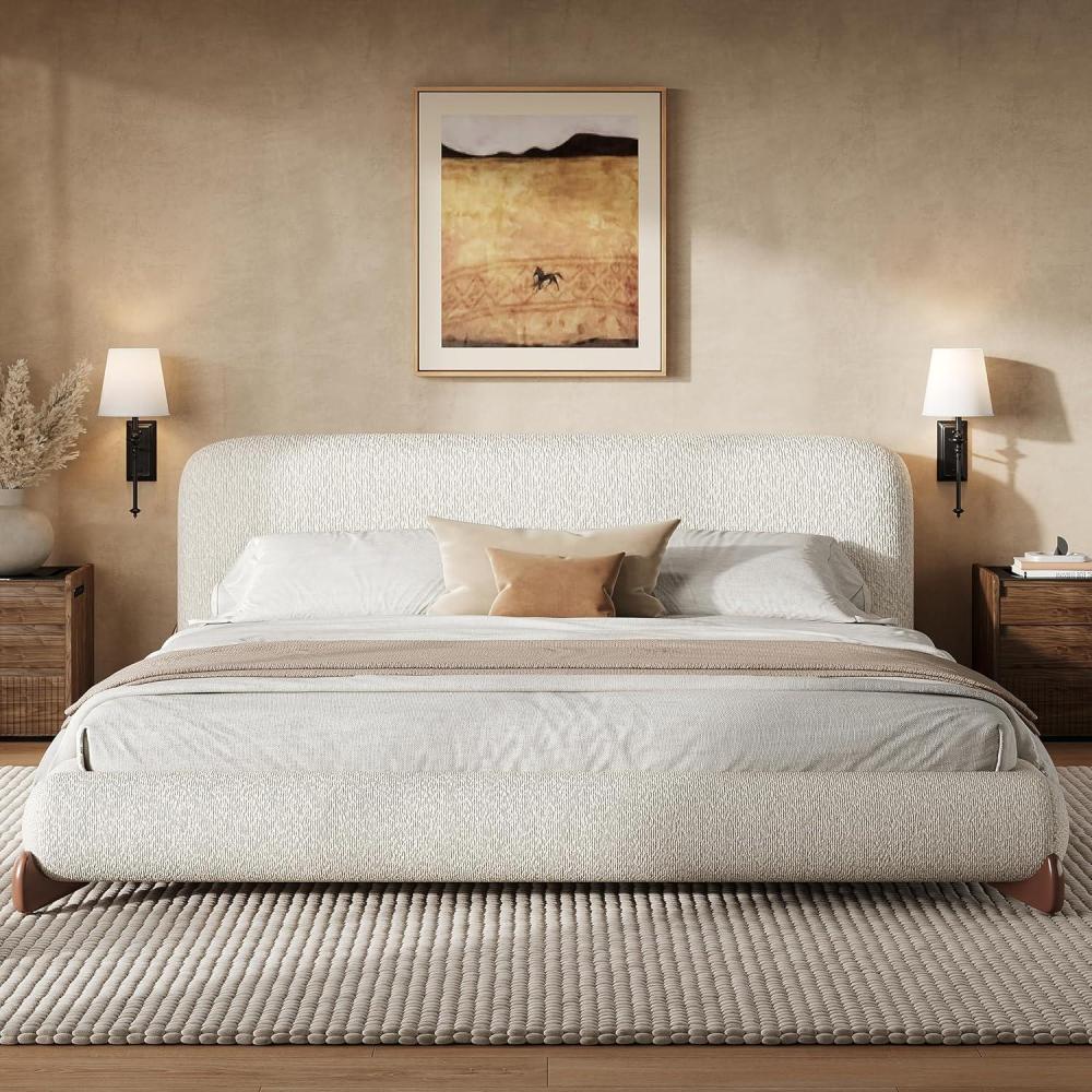 imageChristopher Knight Home Salden Queen Size Platform Bed Frame Boucle Fabric Queen Size Bed Frame and Headboard Modern Queen Bed Set Wooden Slat Support No Box Spring Needed Easy Assembly WhiteKing US Standard