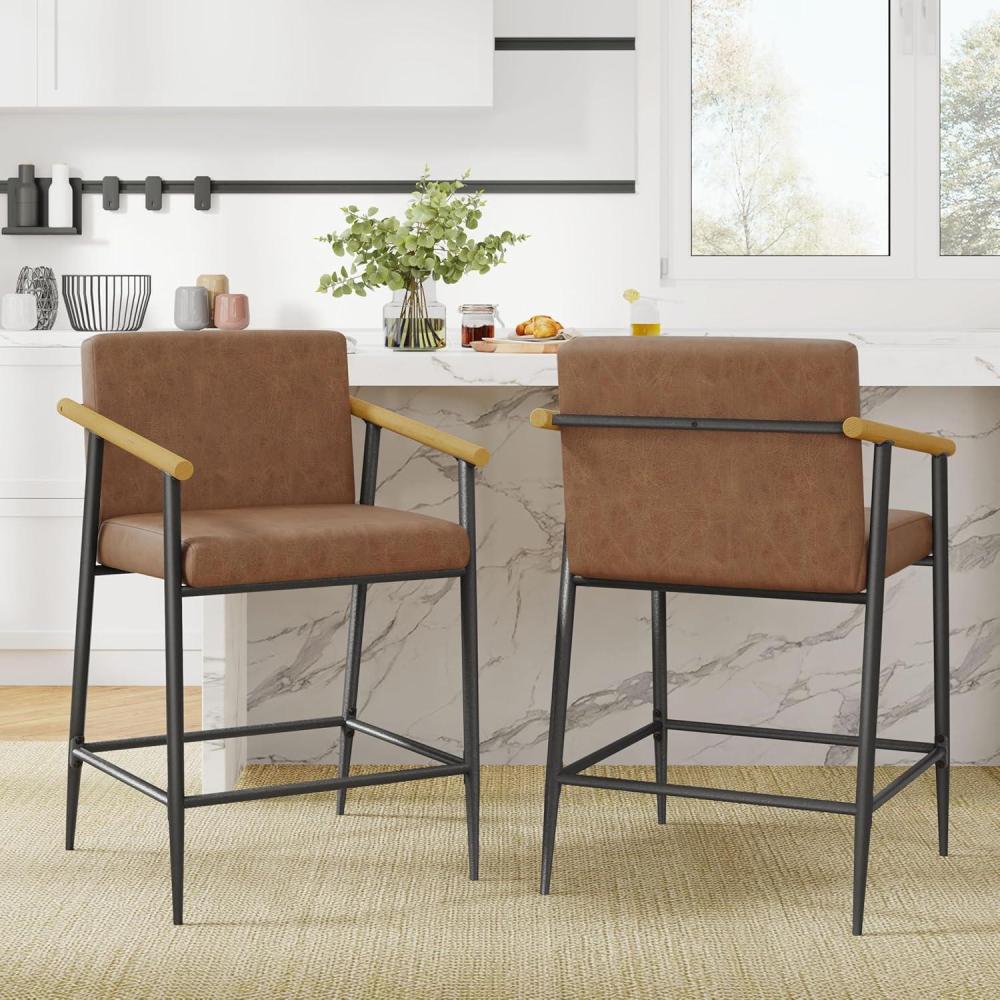 imageChristopher Knight Home Set of 2 Bever MidCentury Modern Counter Height Bar Stools Iron Frame Kitchen Stools Fabric Upholstered Side Chair with Wooden Armrest and Footrest BeigeBlackLight BrownBlackreddish Brown