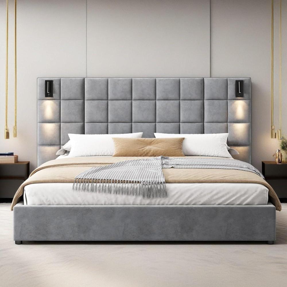 imageChristopher Knight Home Svens 46quot High Headboard Bed King Size Platform Bed Frame Soft Velvet Bed Frame King Size Headboard Square Pattern Design with Reading Lamps and USB Ports GreyKing