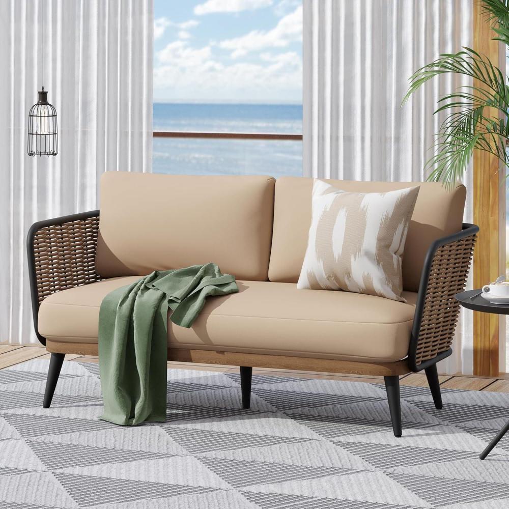 imageChristopher Knight Home Tobin Patio Loveseat Outdoor 2Seater Lounge Sofa Woven Wicker Faux Rattan Accents Iron Frame Removable WaterResistant Cushions PorchBackyardBalcony BeigeBlackBrown