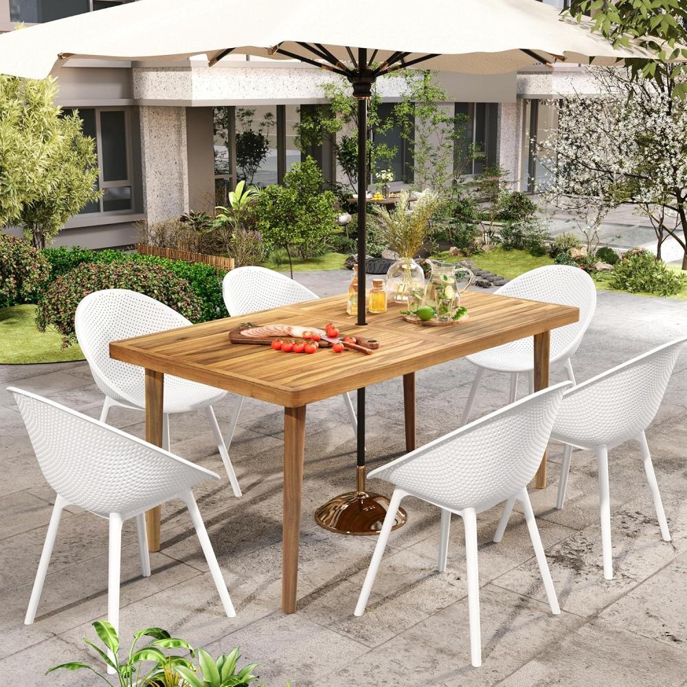 imageChristopher Knight Home Vales 7Piece Patio Dining Table Sets with Umbrella Hole 63 Table and Chairs Set for 6 People Acacia Wood Table Plastic Chairs for Lawn Backyard Garden Deck BlackTeakWhiteteak