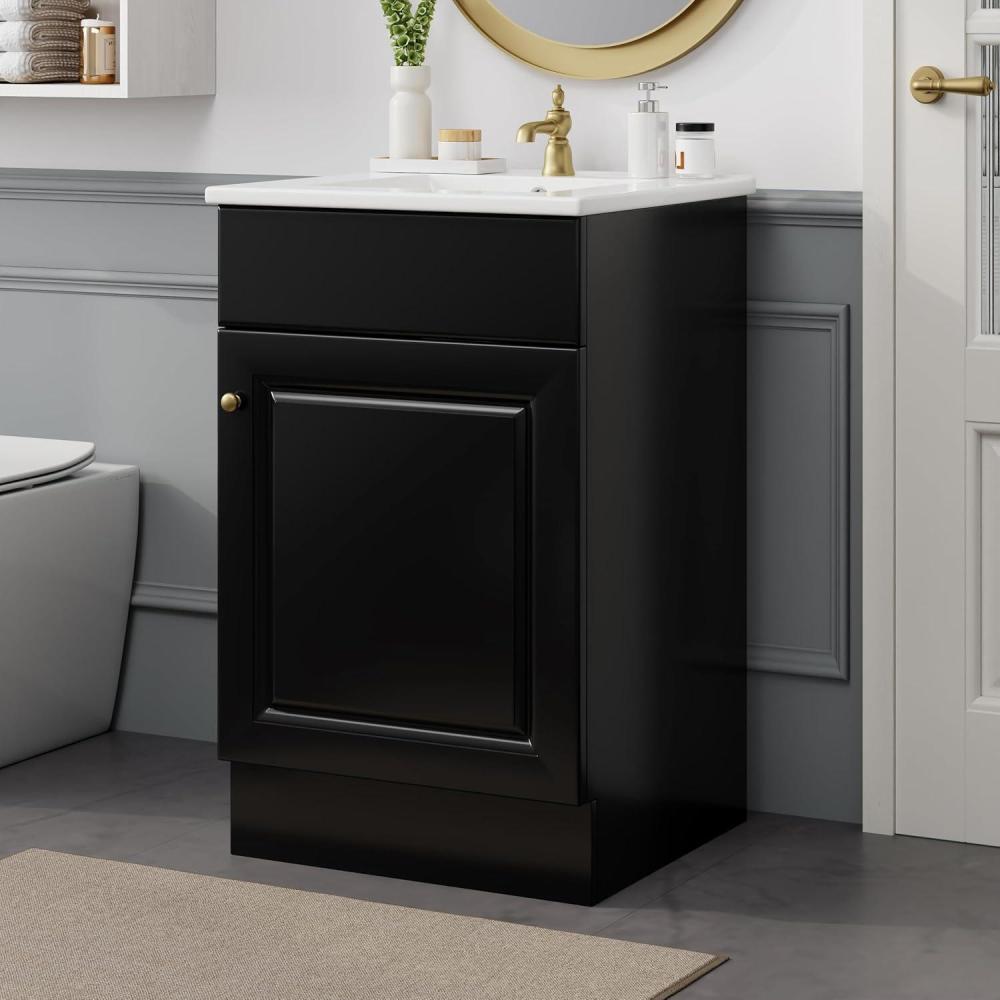 imageChristopher Knight Home Vanes Wood Frame 20quot Bathroom Vanity with Ceramic Sink Cabinet with SoftClosing Door Shelf and Adjustable Shelf Open Back Metal Hardware StorageOrganizer GreenBlack