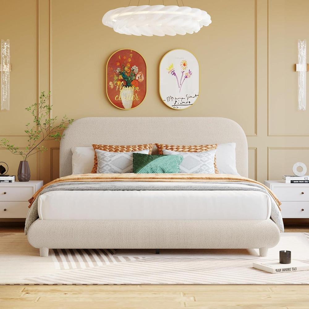 imageChristopher Knight Home Veatch Boucle Bed Frame Queen Size Bed Upholstered Teddy Fleece Headboard Soft Bed Queen CurveShaped Design Headboard Wood Slat Platform Bed Easy Assembly BeigeQueen