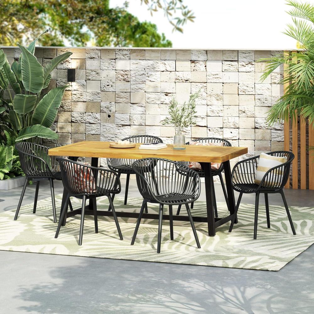 imageChristopher Knight Home Virellt 7 Pieces Outdoor Dining Set 7075quot Patio Table and Chairs Set for 6 People Plastic Chairs and Acacia Wood Dining Set for Lawn Backyard Garden Deck BlackTeakBlackteak
